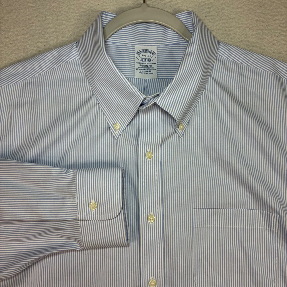 Brooks Brothers Oxford Button Shirt Men 17.5 33 Blue Striped Supima Cotton OCBD